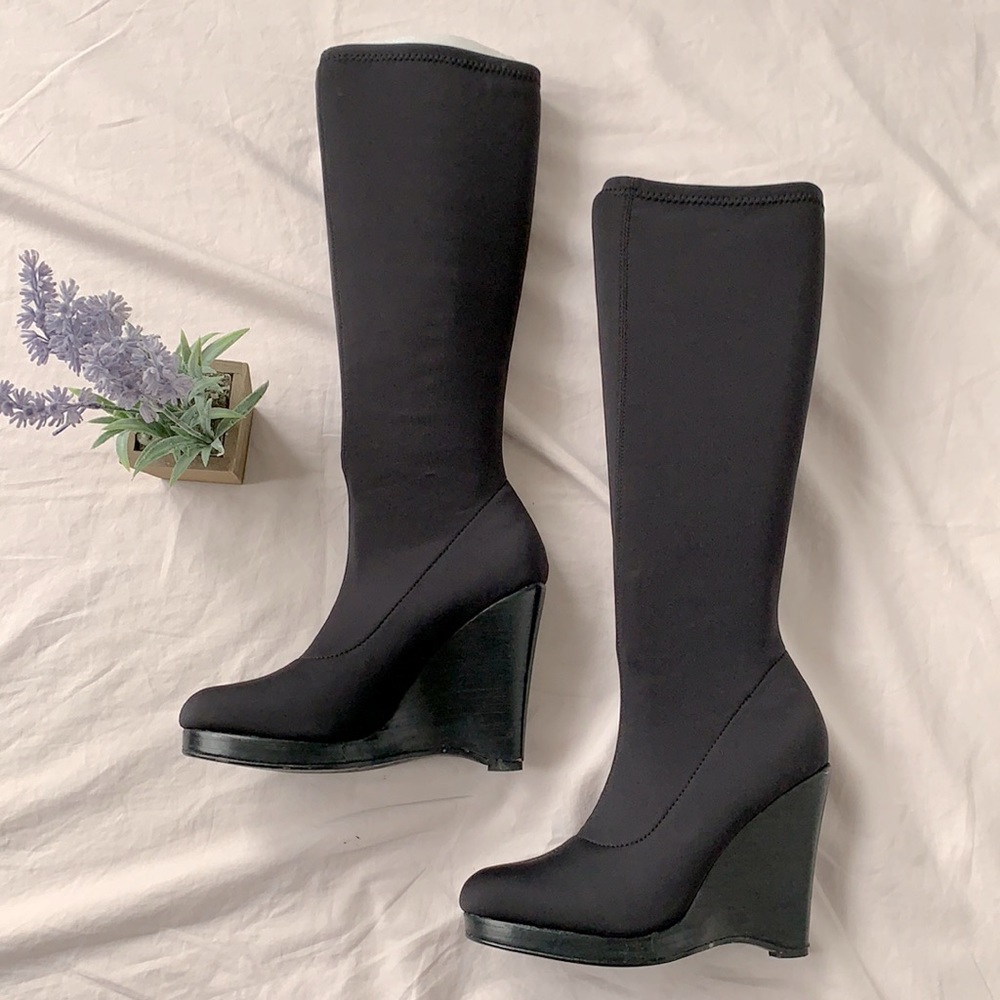 Colin Stuart knee black high wedge boots, size 6.5
